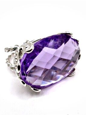 Vintage Purple Amethyst Rhinestone Adjustable Silver Tone Statement Ring